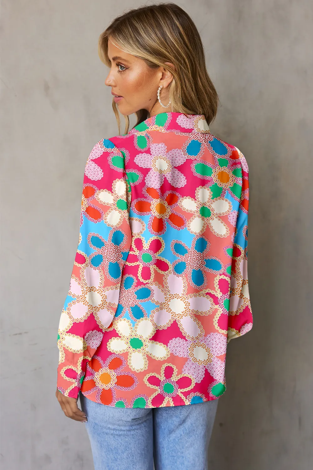 Vibrant Floral Print Lantern Sleeve Button-Down Shirt, image 2