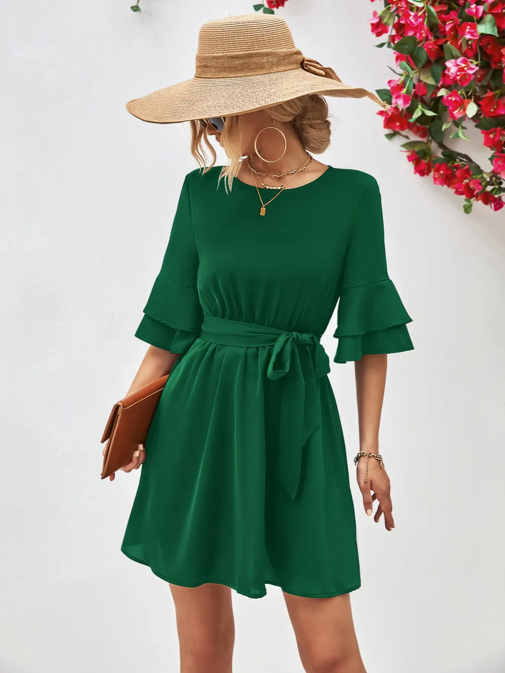 Round Neck Tie Belt Flounce Sleeve Dress, image 2