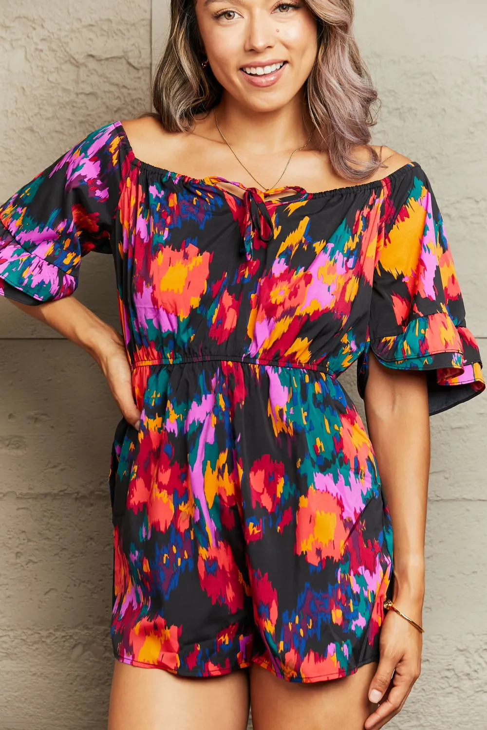 Printed Tied Flounce Sleeve Romper, image 2