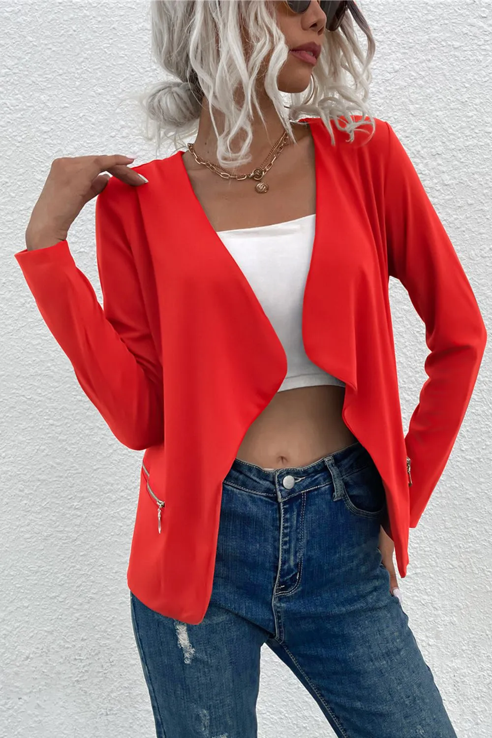 Open Front Zipper Pocket Cardigan, image 2