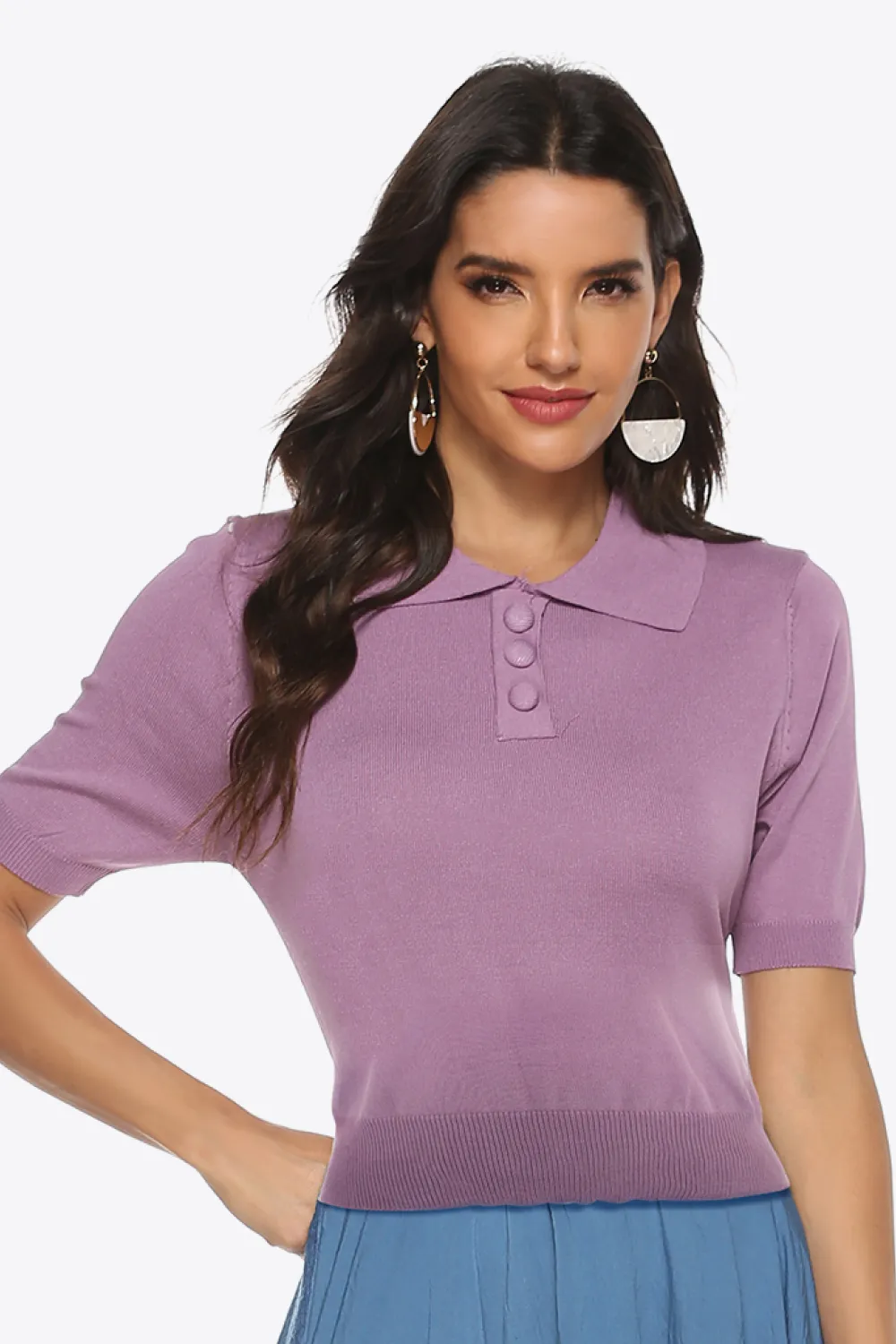 Buttoned Collared Neck Short Sleeve Knit Top, image 3