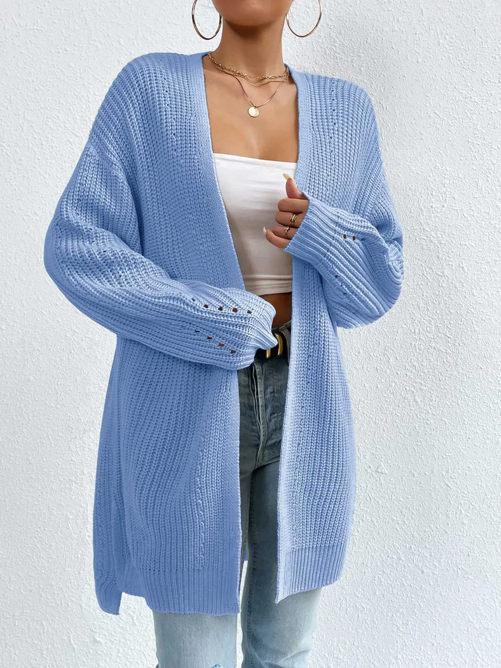 Open Front Dropped Shoulder Slit Cardigan, image 5