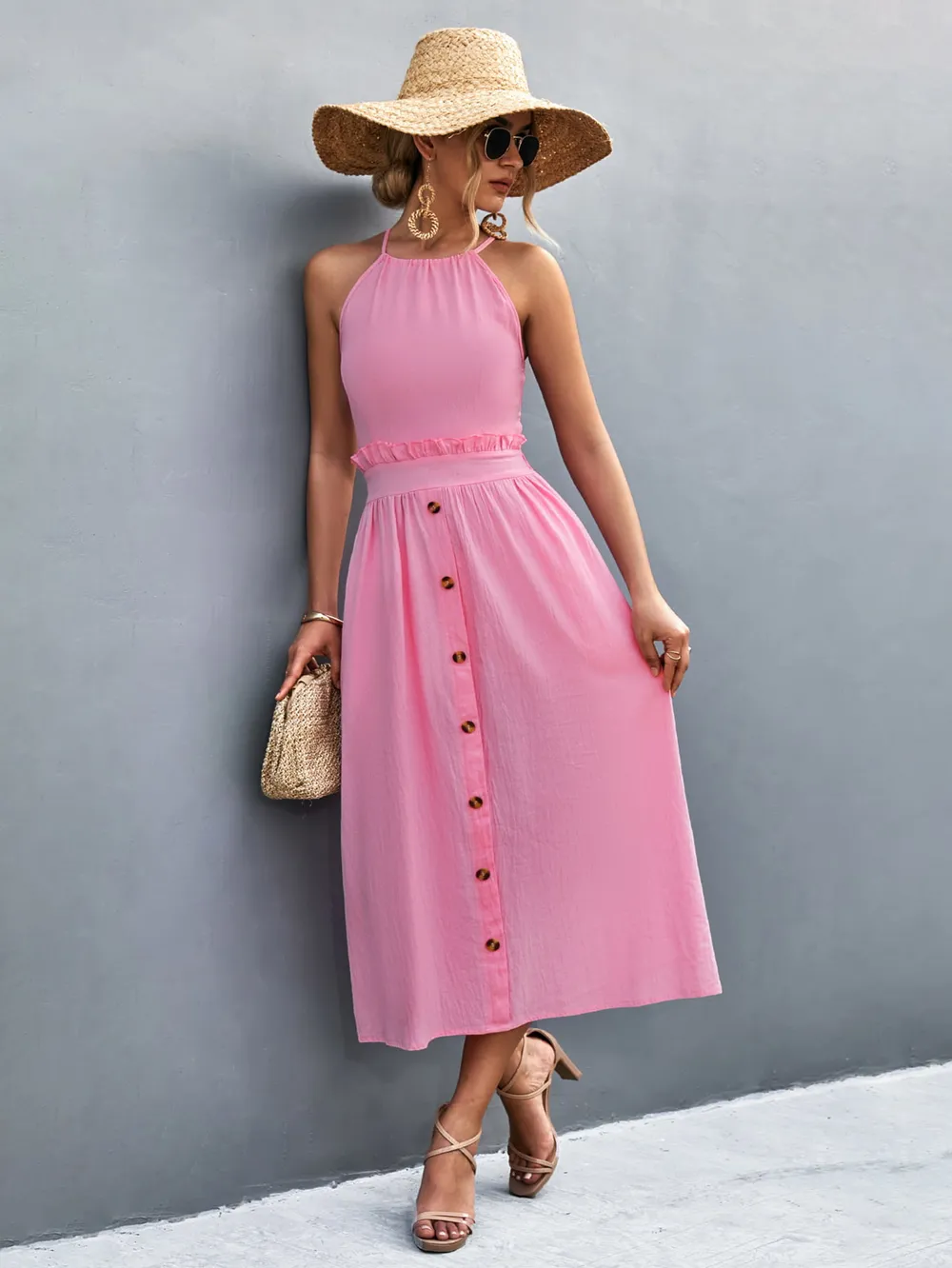 Buttoned Halter Neck Frill Trim Midi Dress, image 2