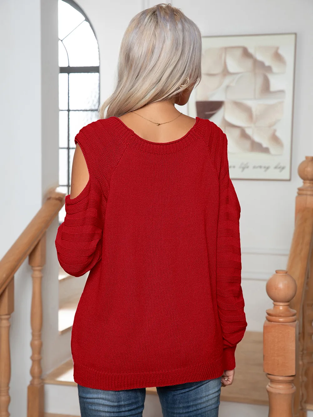 Decorative Button Cold-Shoulder Sweater, image 10