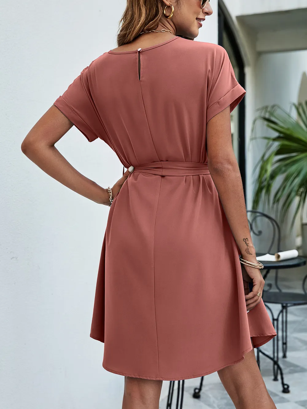 Belted Round Neck Curved Hem Dress, image 3