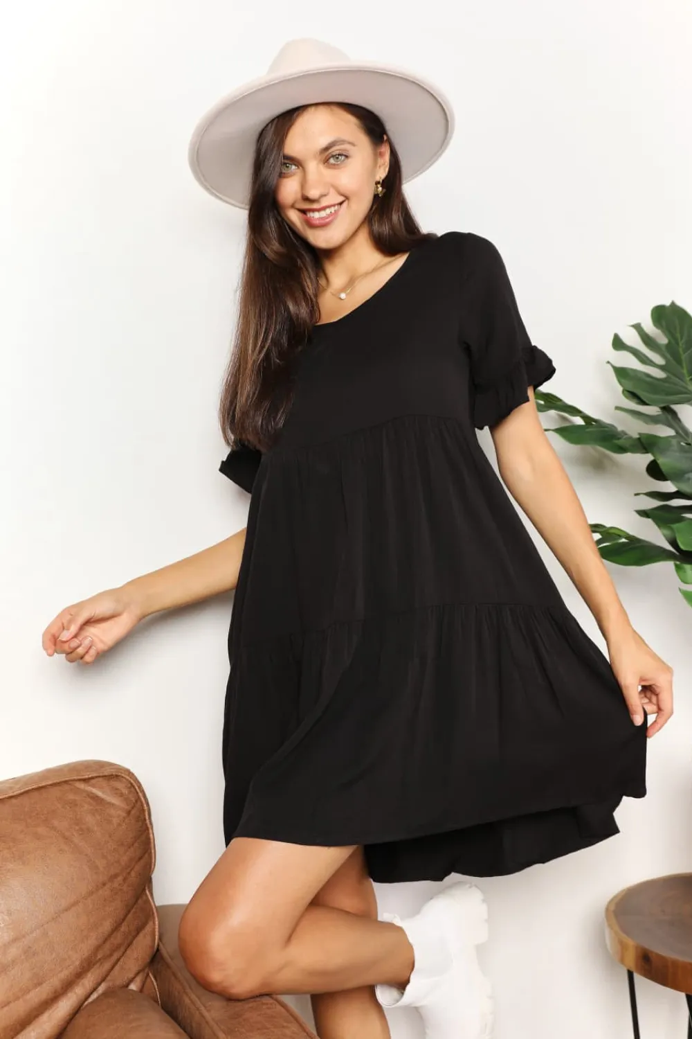 V-Neck Flounce Sleeve Tiered Dress, image 4