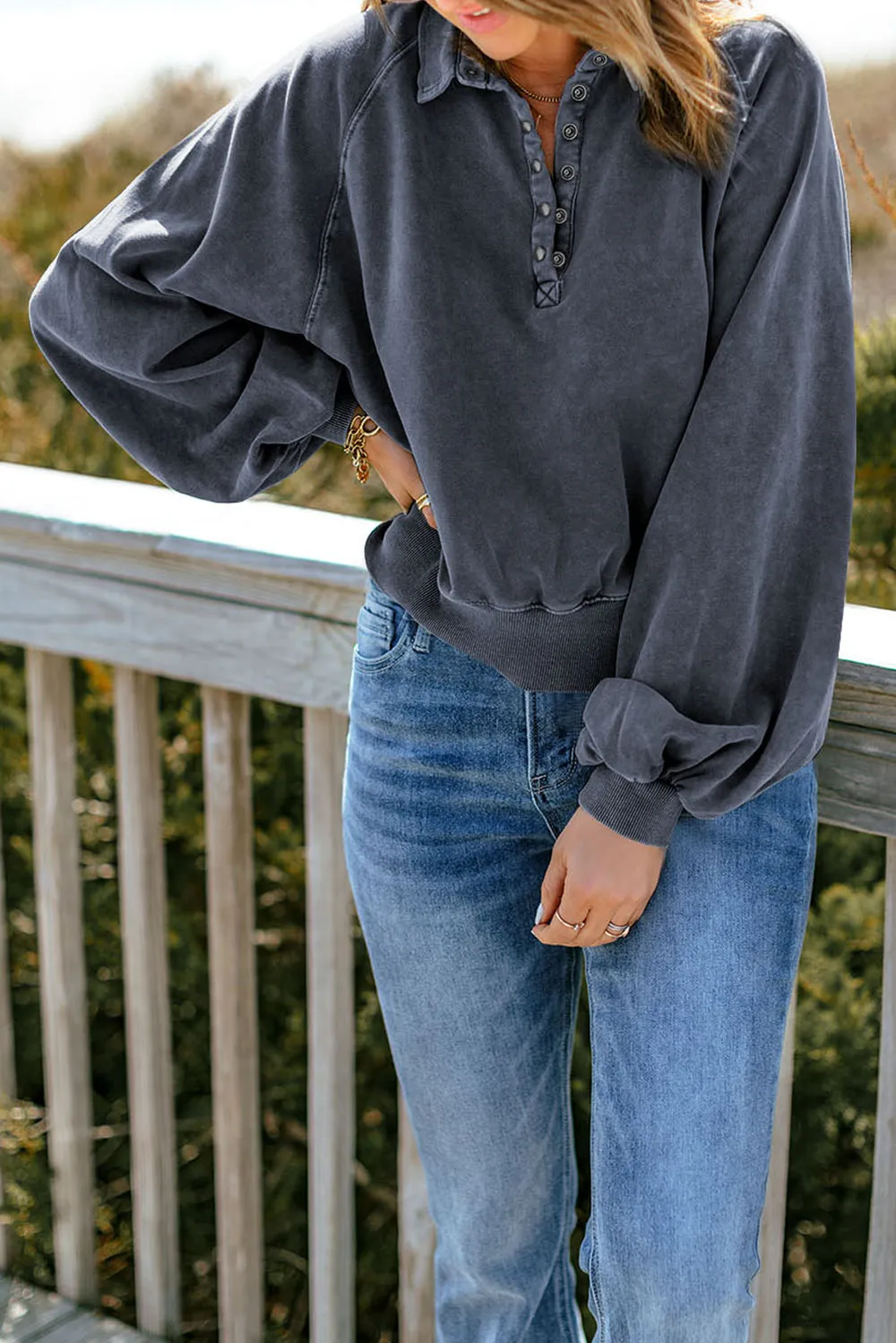 Quarter-Snap Collared Lantern Sleeve Sweatshirt, image 5