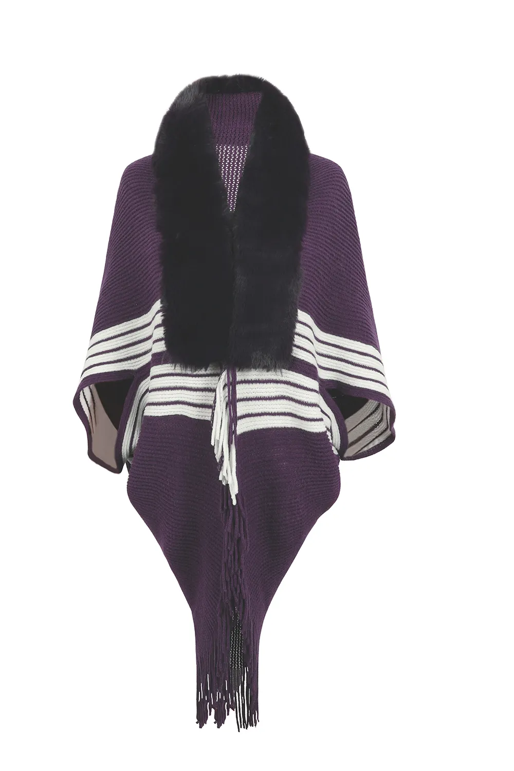 Striped Fringe Detail Long Sleeve Poncho, image 18