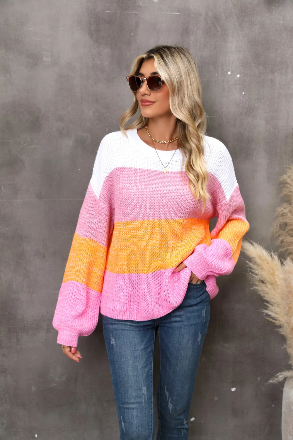 Color Block Round Neck Dropped Shoulder Sweater, image 3
