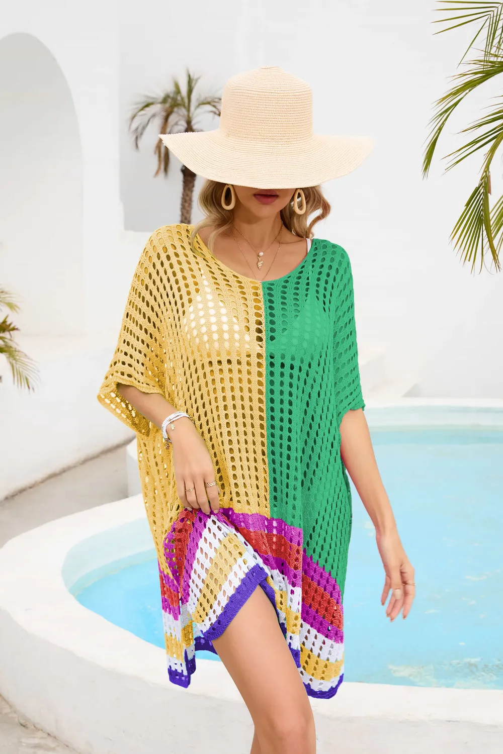 Contrast Scoop Neck Openwork Half Sleeve Cover Up, image 10