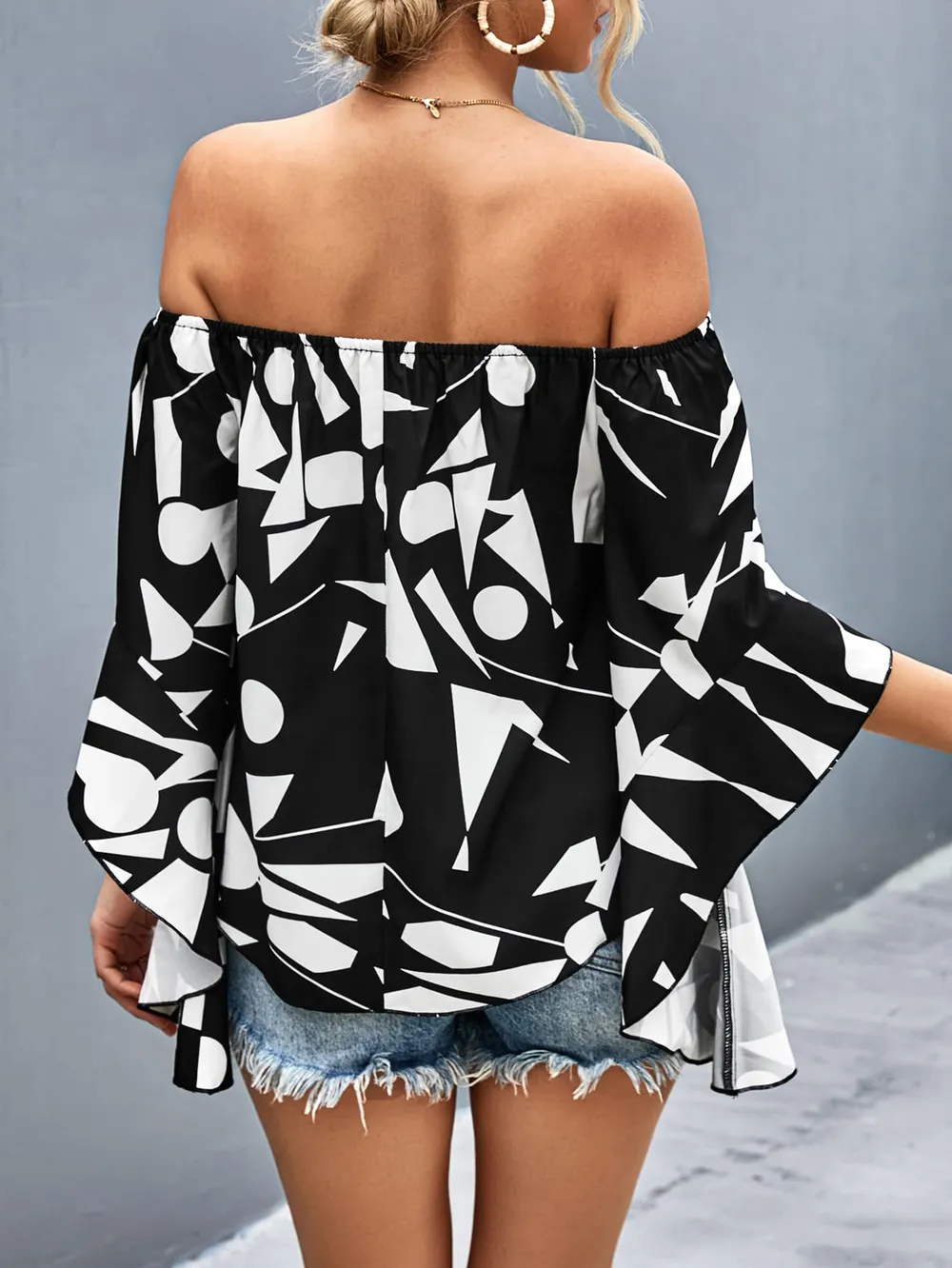 Printed Off-Shoulder Bell Sleeve Blouse, image 2