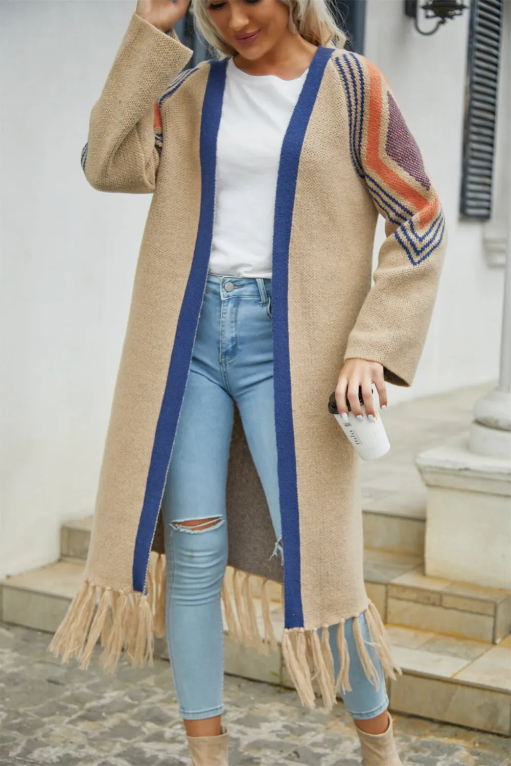 Geometric Fringe Hem Open Front Duster Cardigan, image 8