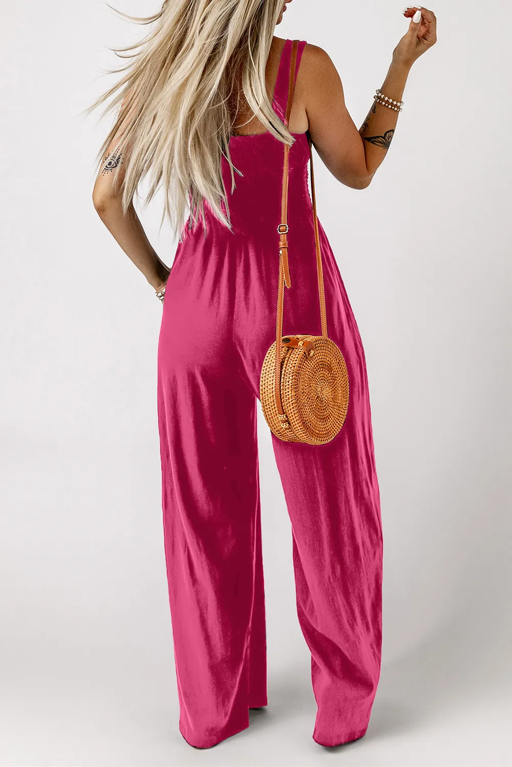 Smocked Square Neck Wide Leg Jumpsuit with Pockets, image 3