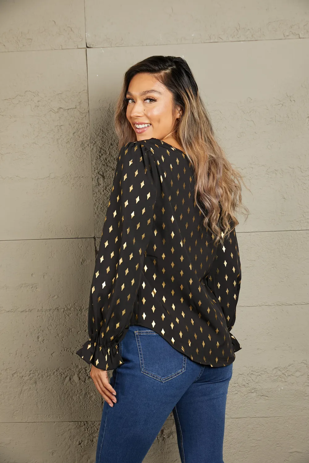 Printed Round Neck Flounce Sleeve Blouse, image 2
