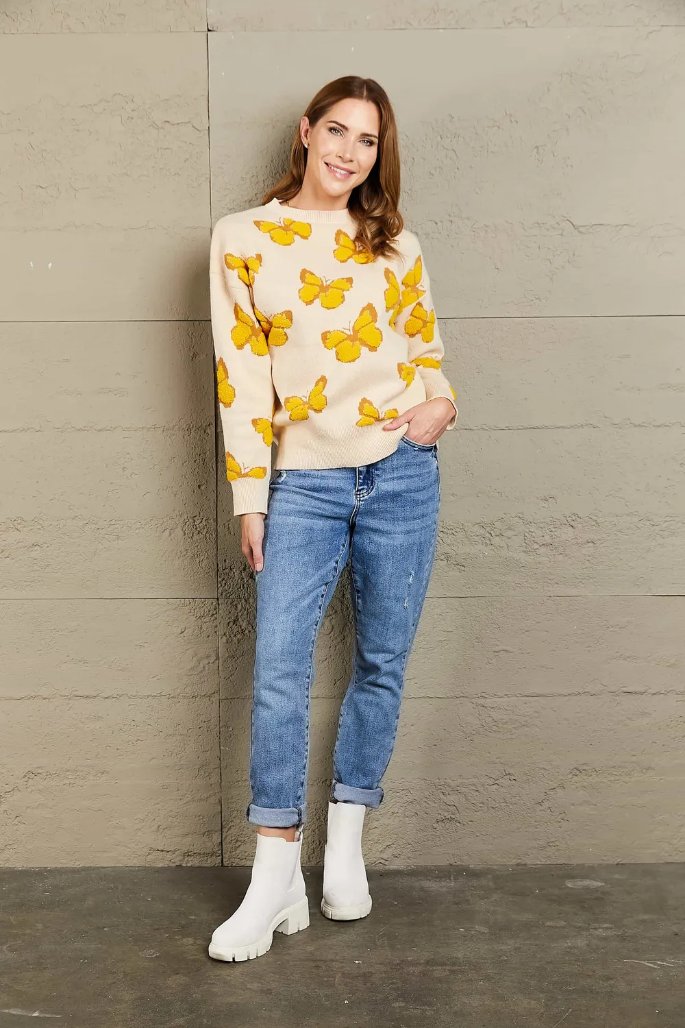 Butterfly Dropped Shoulder Crewneck Sweater, image 4