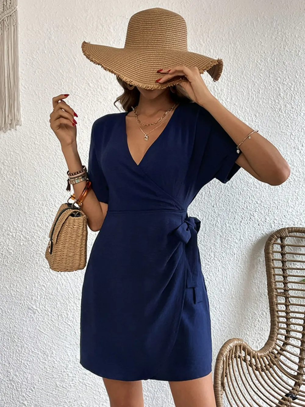 Tied Cuffed Sleeve Surplice Dress, image 2