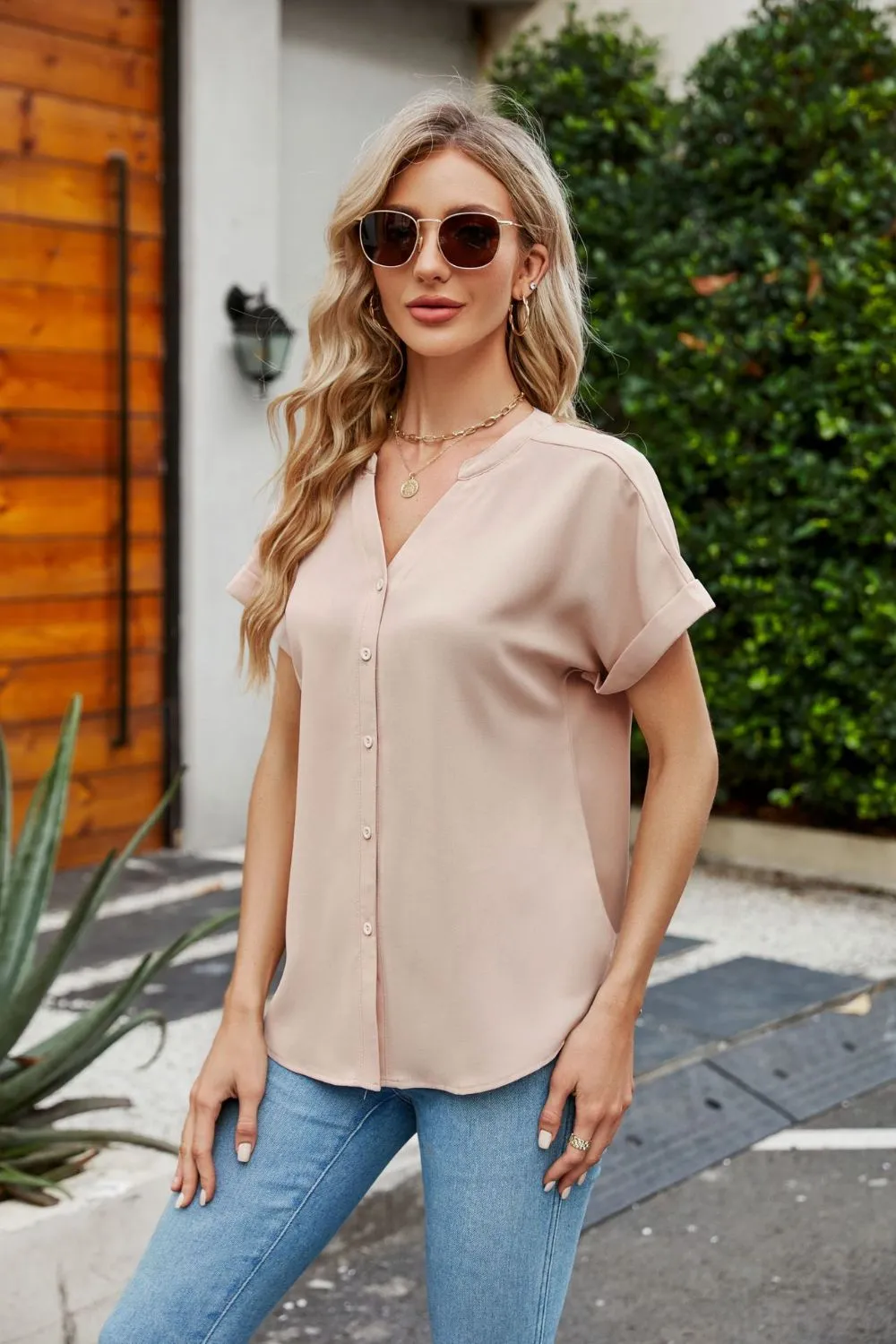 Notched Neck Cuffed Sleeve Shirt, image 9