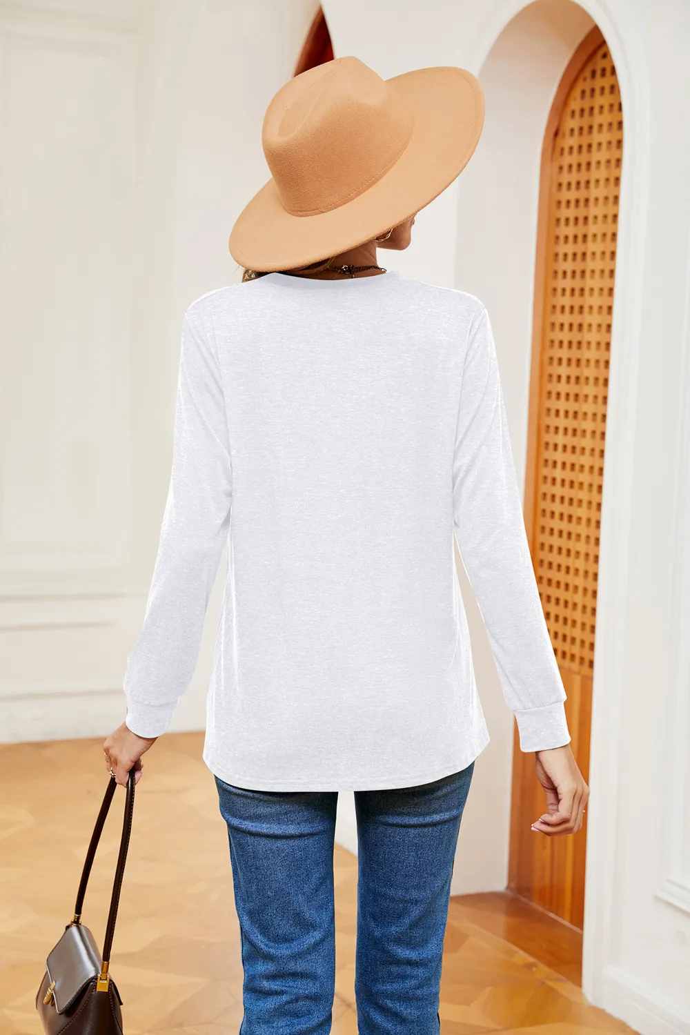Buttoned Notched Neck Long Sleeve Top, image 9