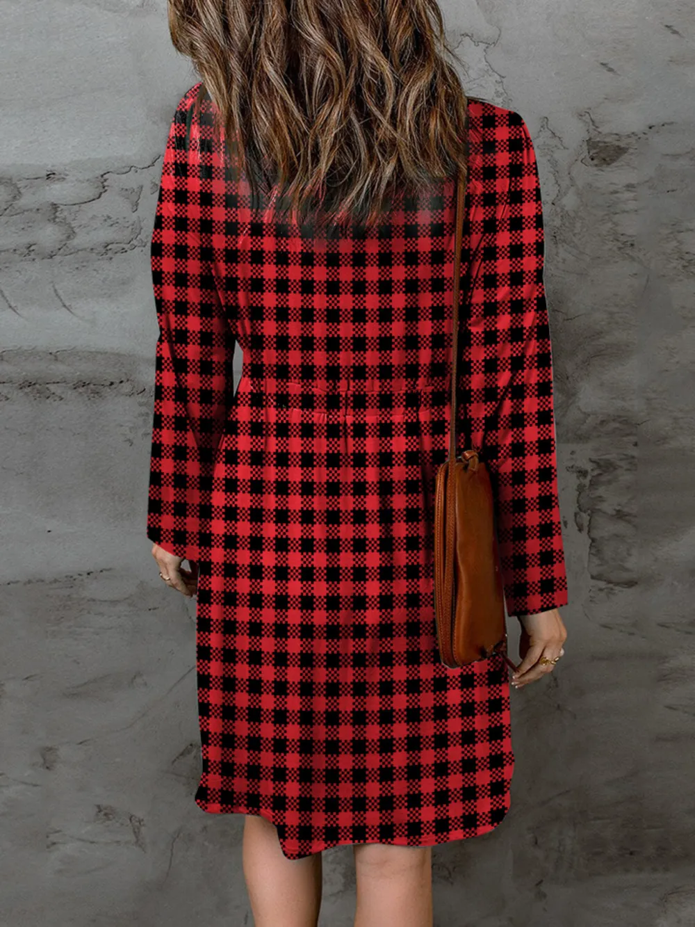 Full Size Plaid Round Neck Long Sleeve Magic Dress, image 2