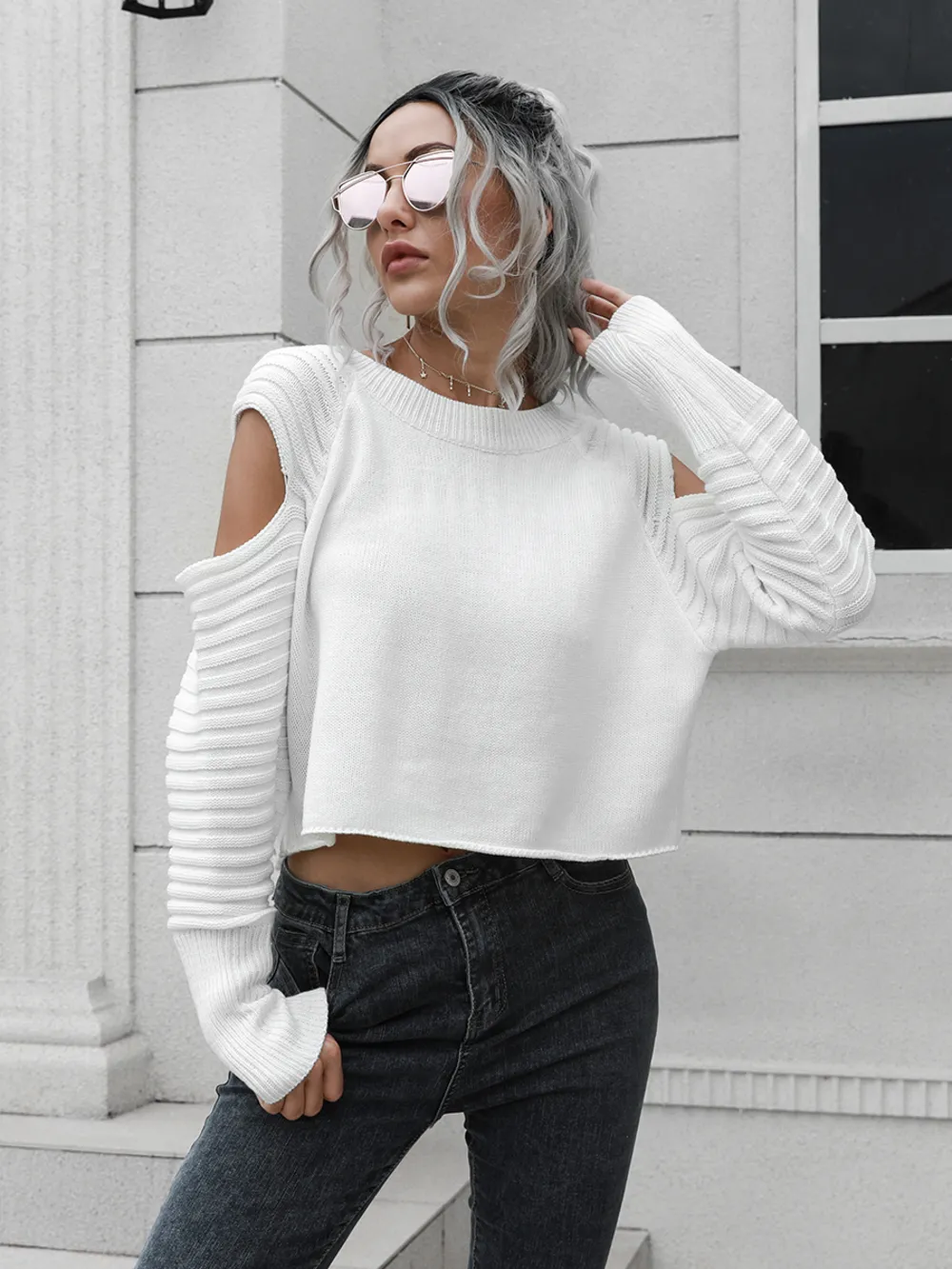 Cold-Shoulder Ribbed Trim Sweater, image 5