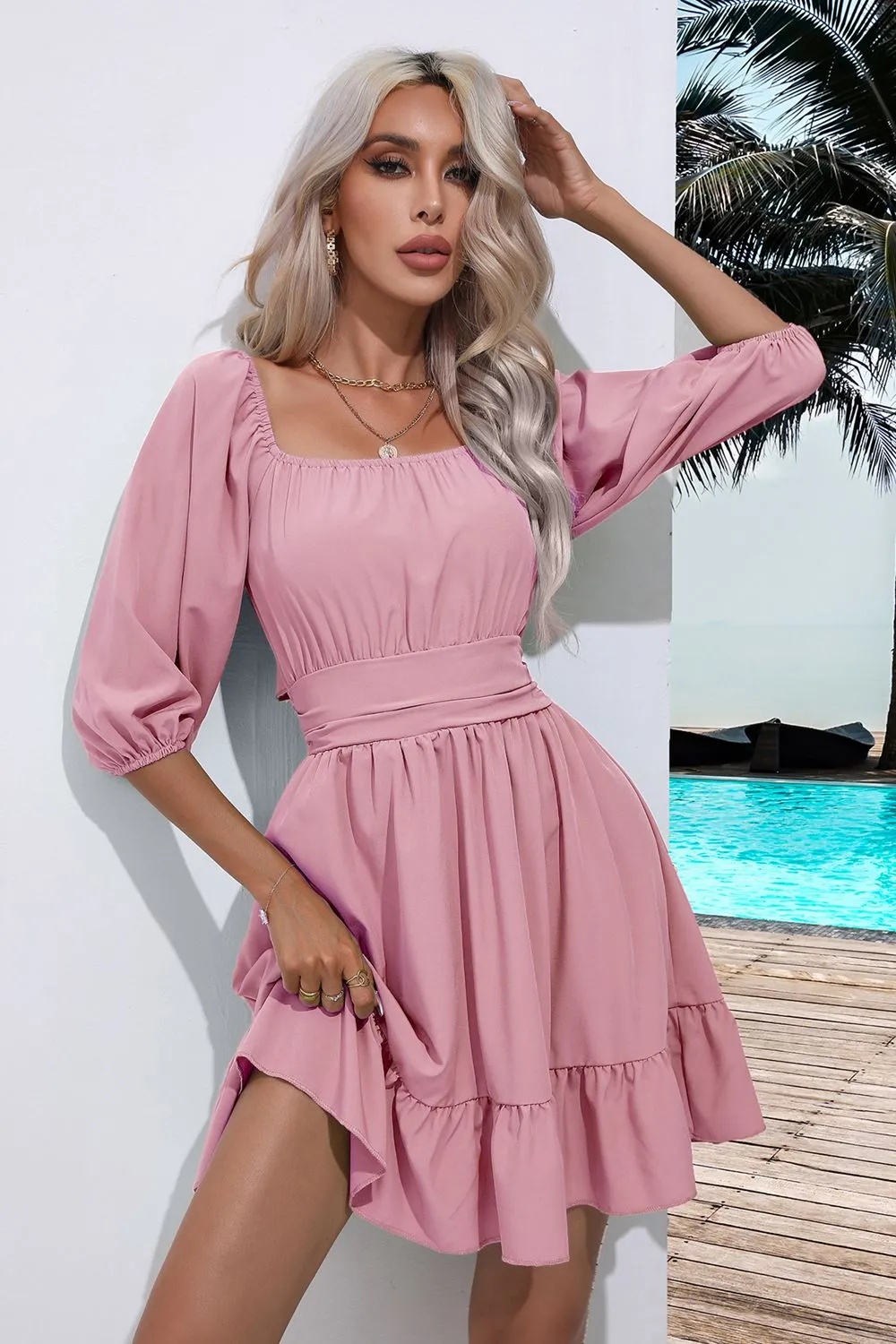 Square Neck Tie Back Ruffle Hem Dress, image 2