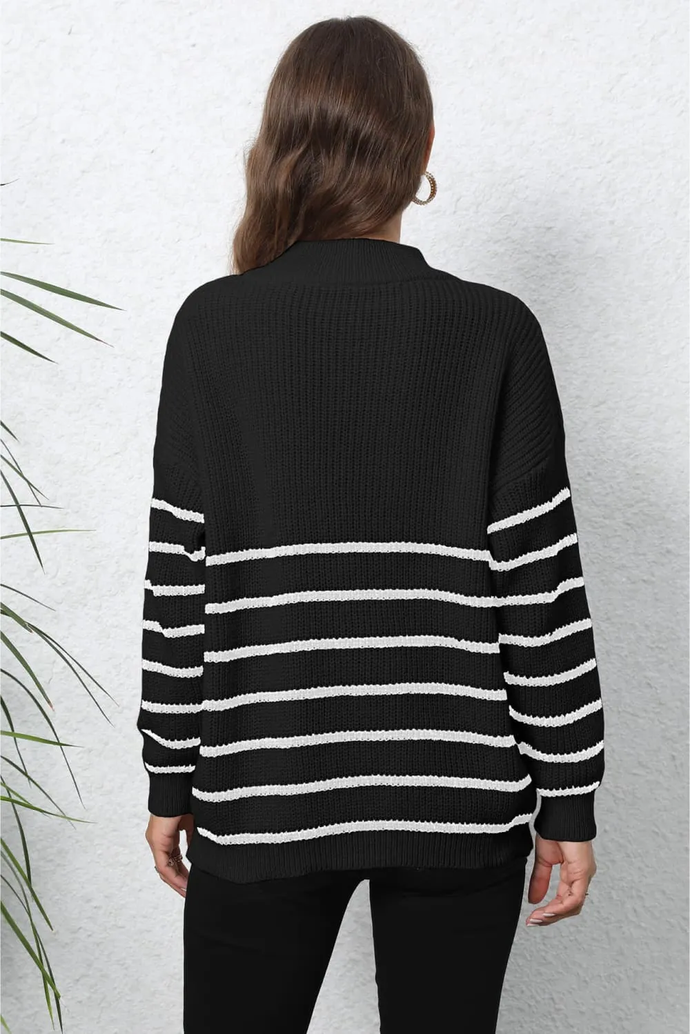 Striped Zip-Up Long Sleeve Ribbed Sweater, image 3