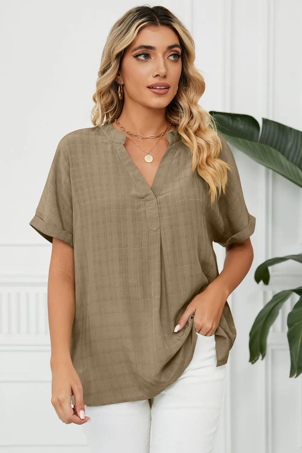 Side Slit Notched Neck Cuffed Short Sleeve Blouse, image 9