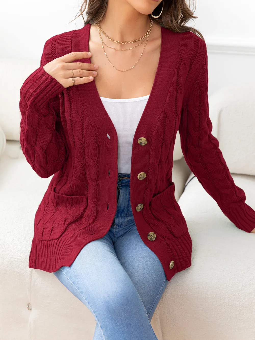 Button Down Cable-Knit Cardigan, image 5