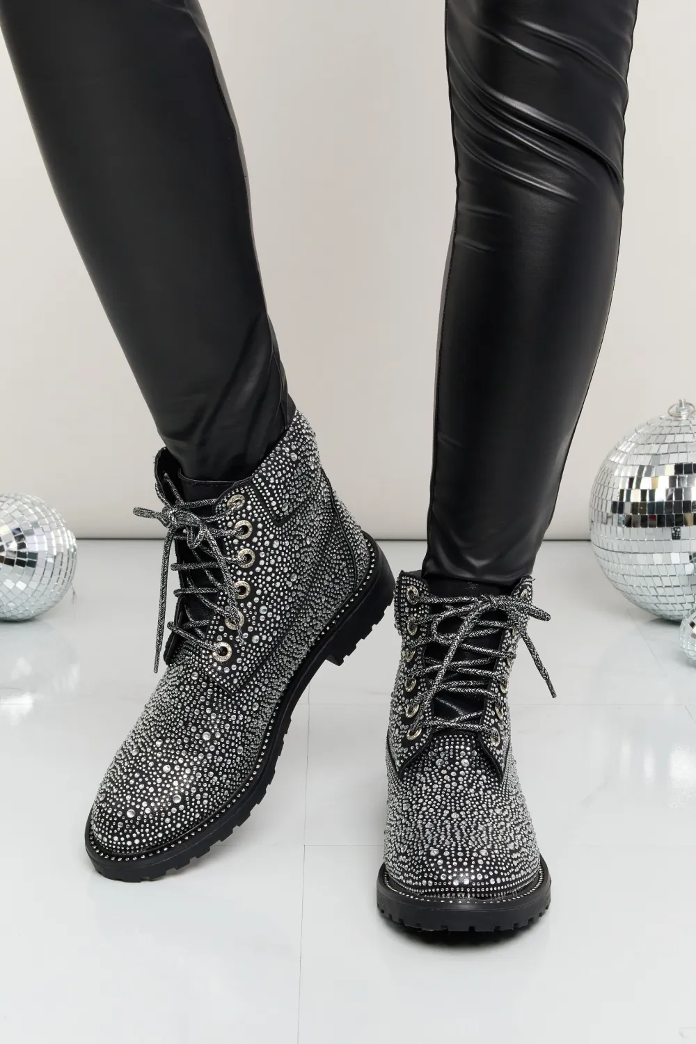 Rhinestone Lace-Up Combat Boots