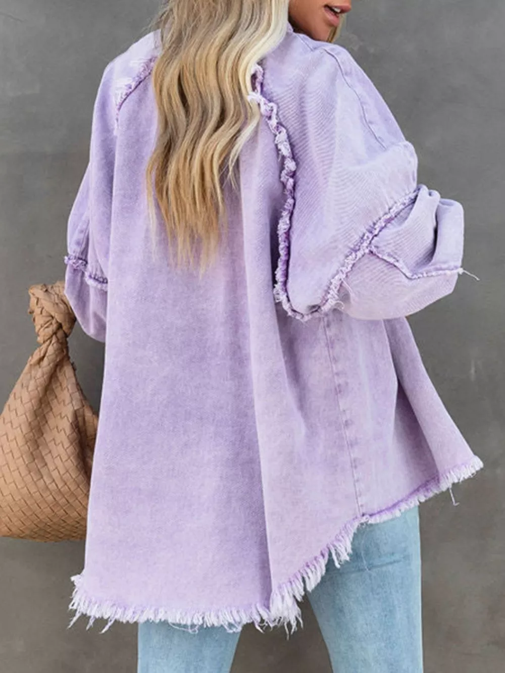 Button Down Raw Hem Denim Jacket, image 4