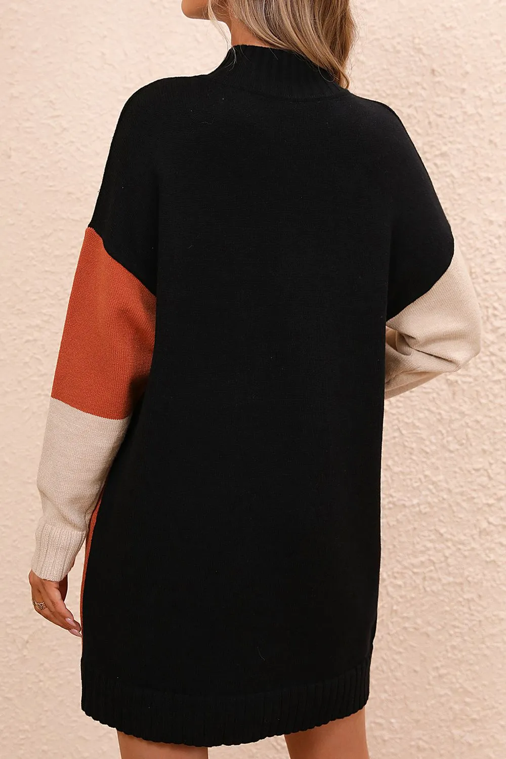 Color Block Mock Neck Dropped Shoulder Sweater Dress, image 2