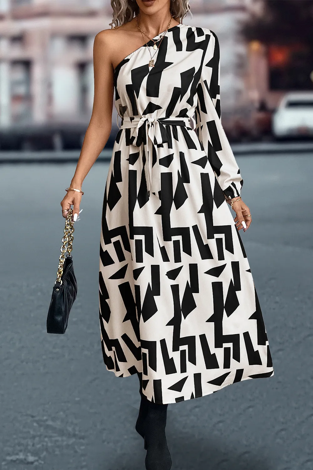 Printed One-Shoulder Tie Waist Dress, image 4