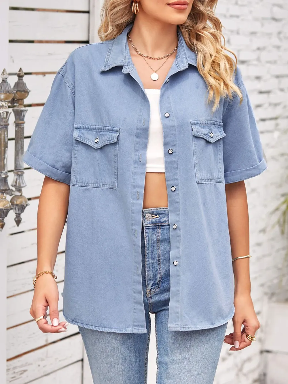 Collared Neck Short Sleeve Denim Jacket, image 3
