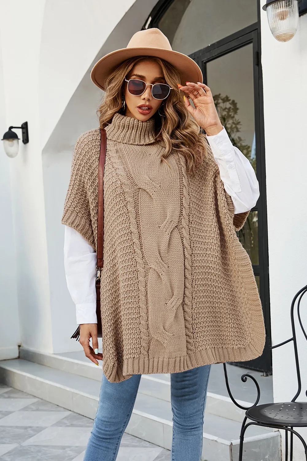 Cable-Knit Turtleneck Slit Sweater, image 2