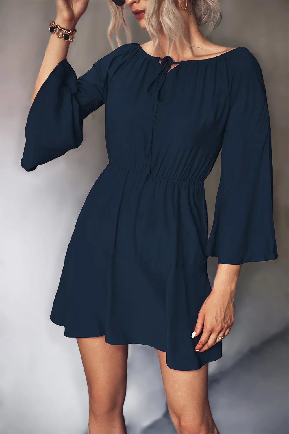Tie Neck Flare Sleeve Mini Dress, image 2