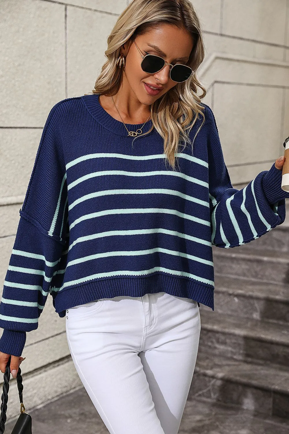 Striped Dropped Shoulder Round Neck Pullover Sweater, image 12