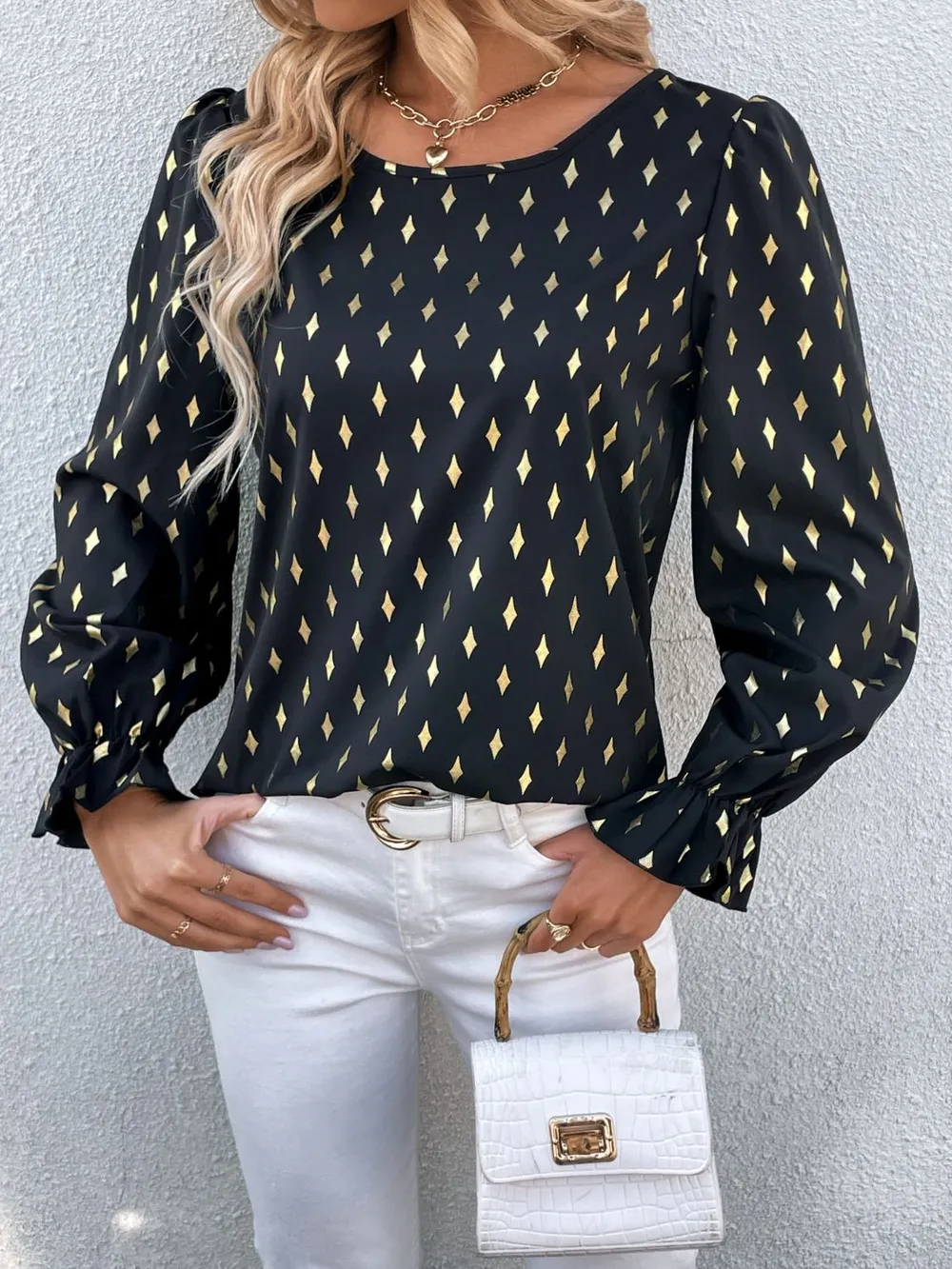 Printed Round Neck Flounce Sleeve Blouse, image 7