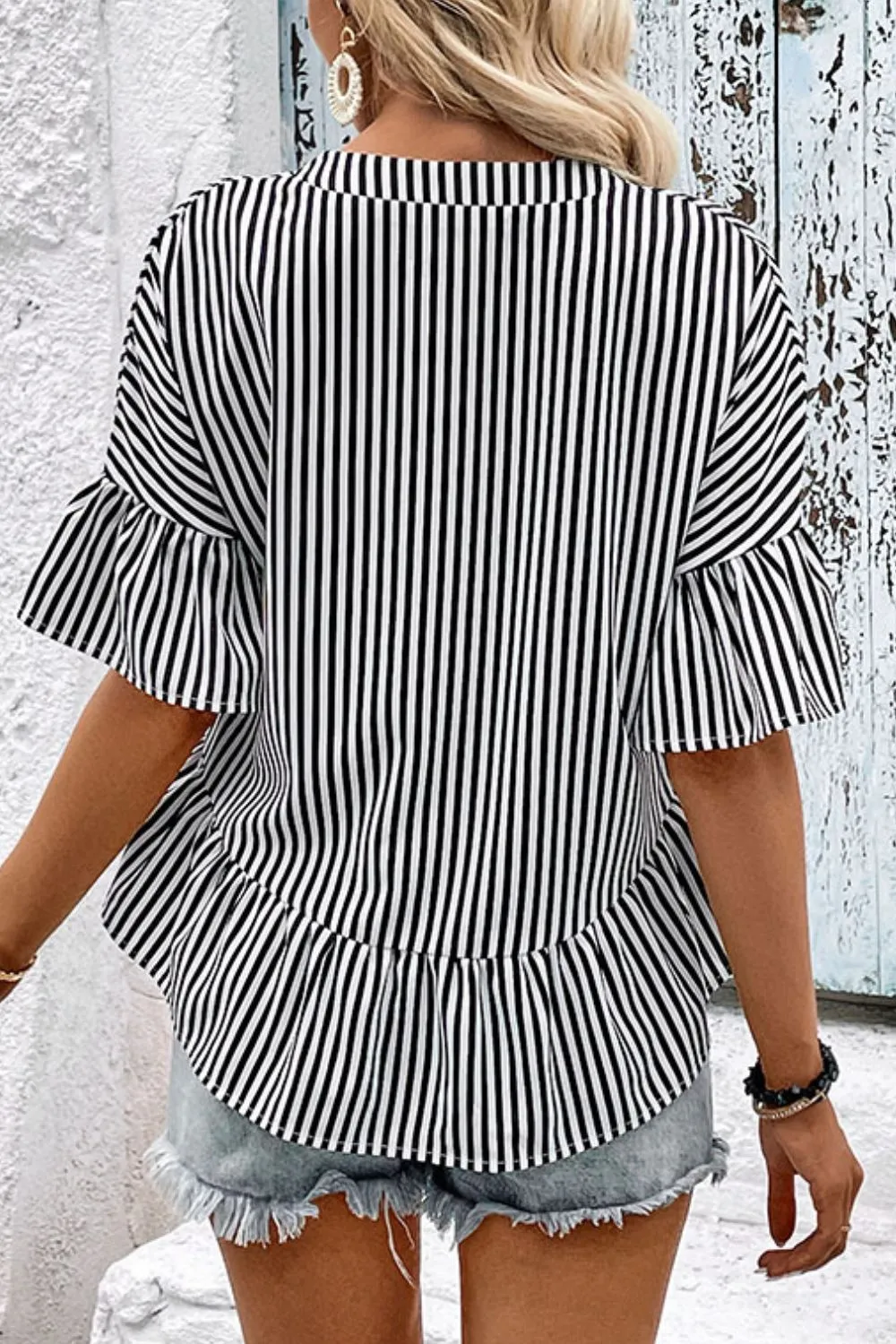 Striped Asymmetrical Flounce Sleeve Blouse, image 2