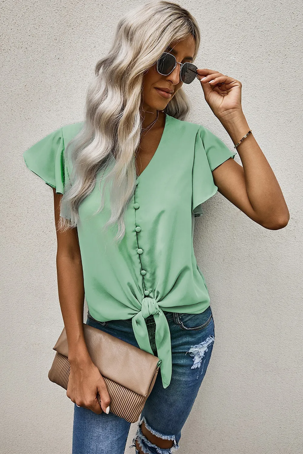 V-Neck Tie Hem Flutter Sleeve Blouse, image 18