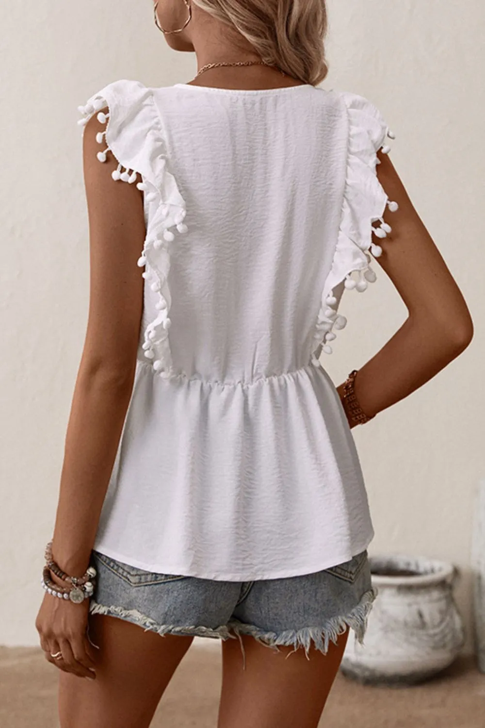 Embroidered Pom-Pom Trim Cap Sleeve Babydoll Top, image 2