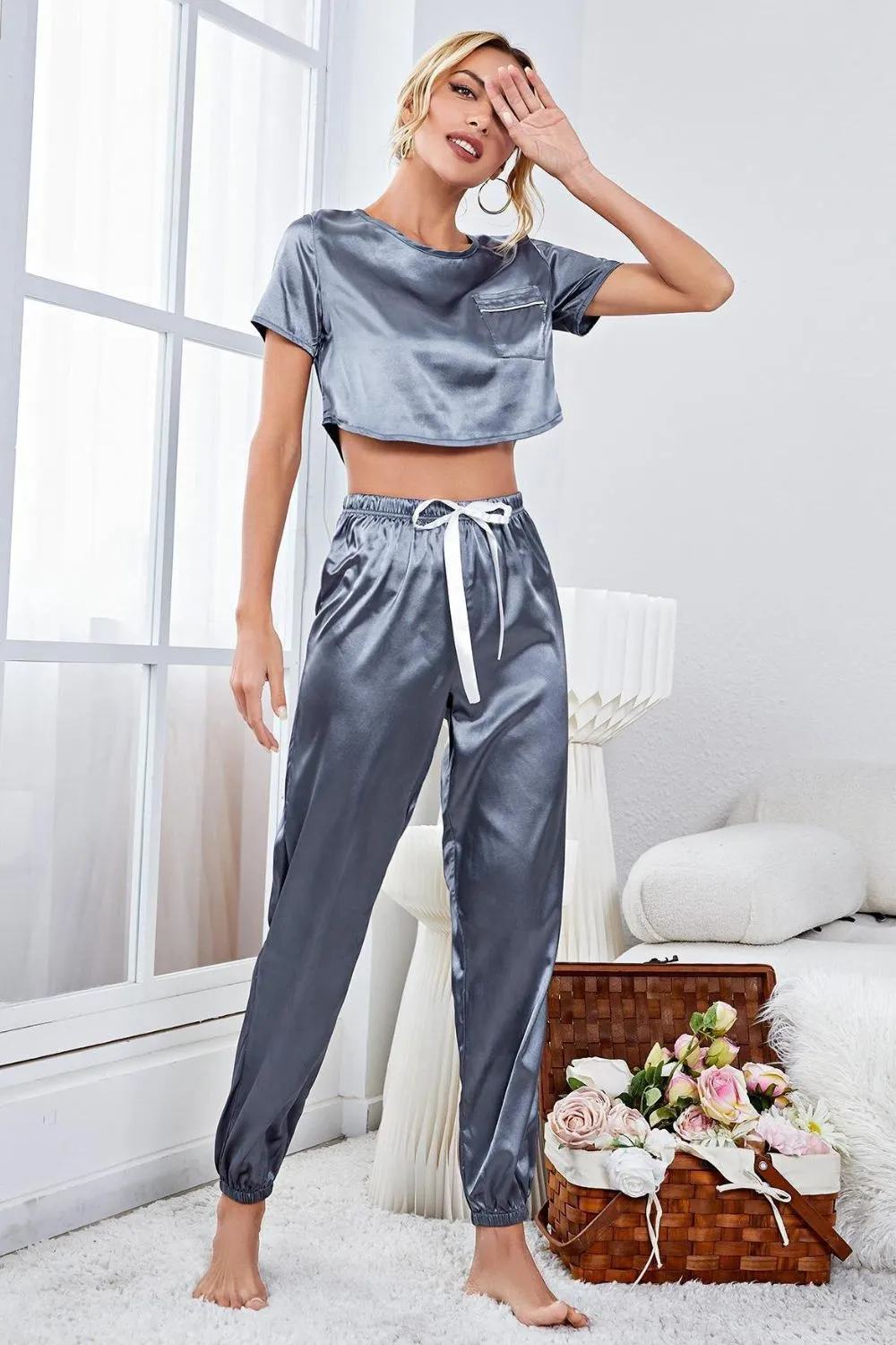 Satin Short Sleeve Crop Top and Joggers Lounge Set, image 3