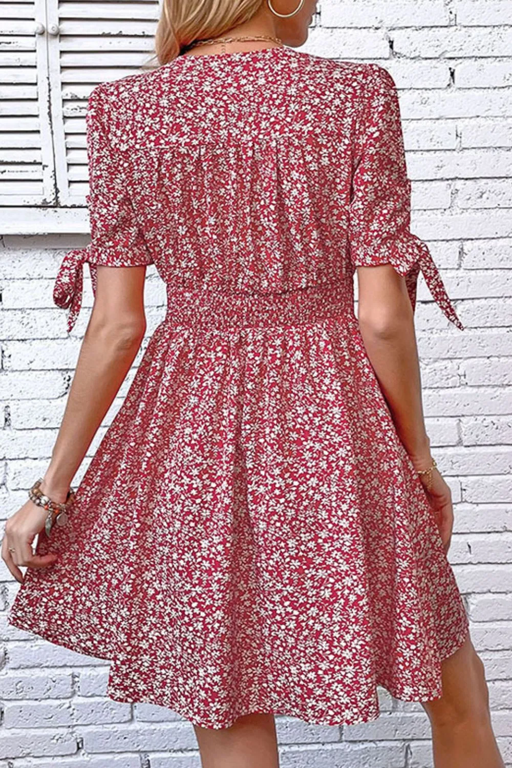 Ditsy Floral Tied Puff Sleeve Button Front Dress, image 2