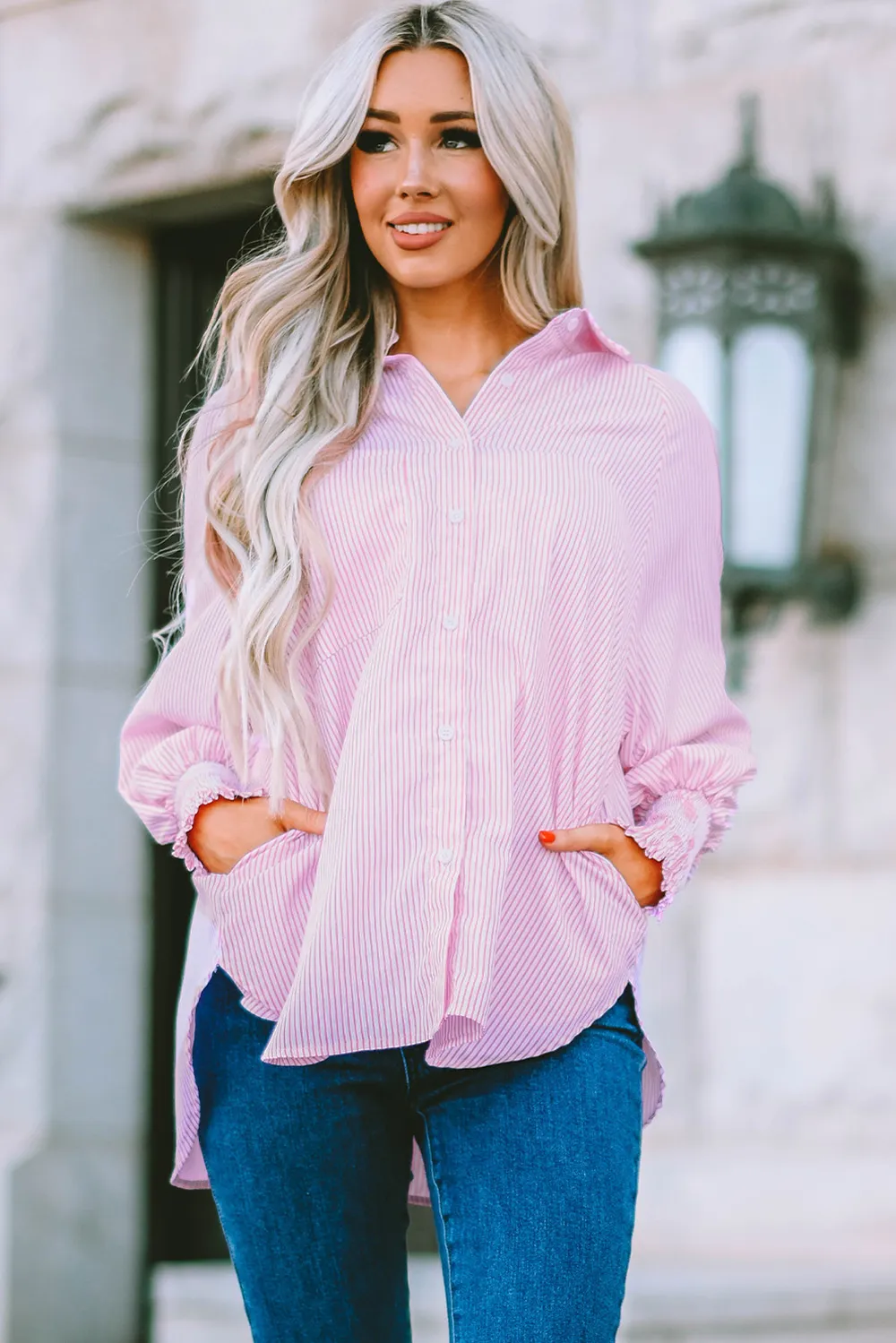 Striped Lantern Sleeve Collared Shirt, image 7