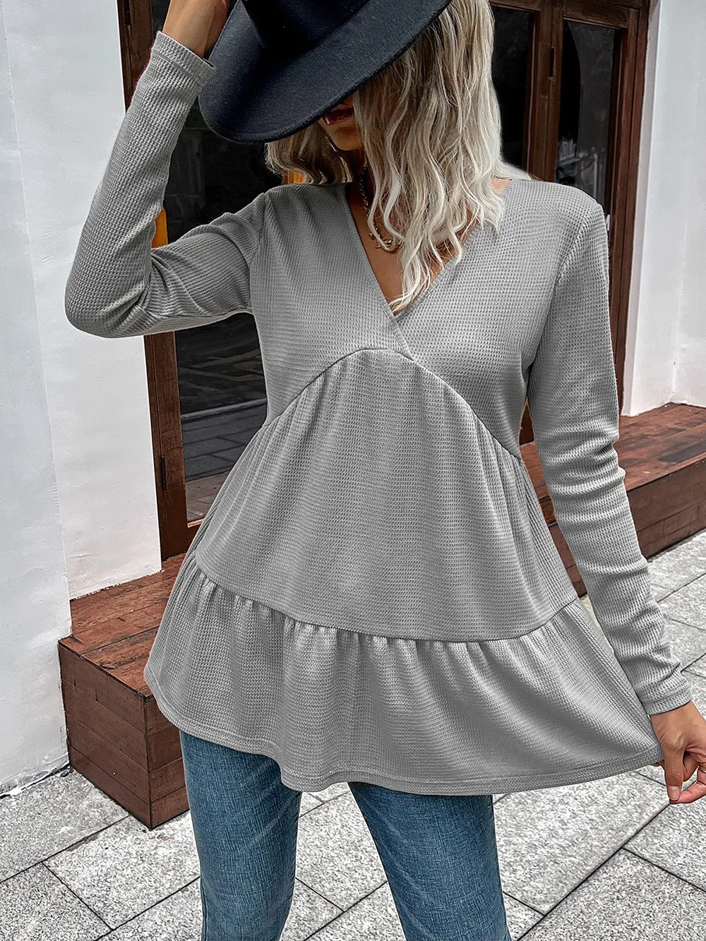 Waffle-Knit V-Neck Long Sleeve Blouse, image 4