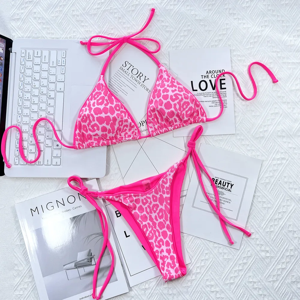 Leopard Print Halter Neck Tie Side Bikini Set, image 3
