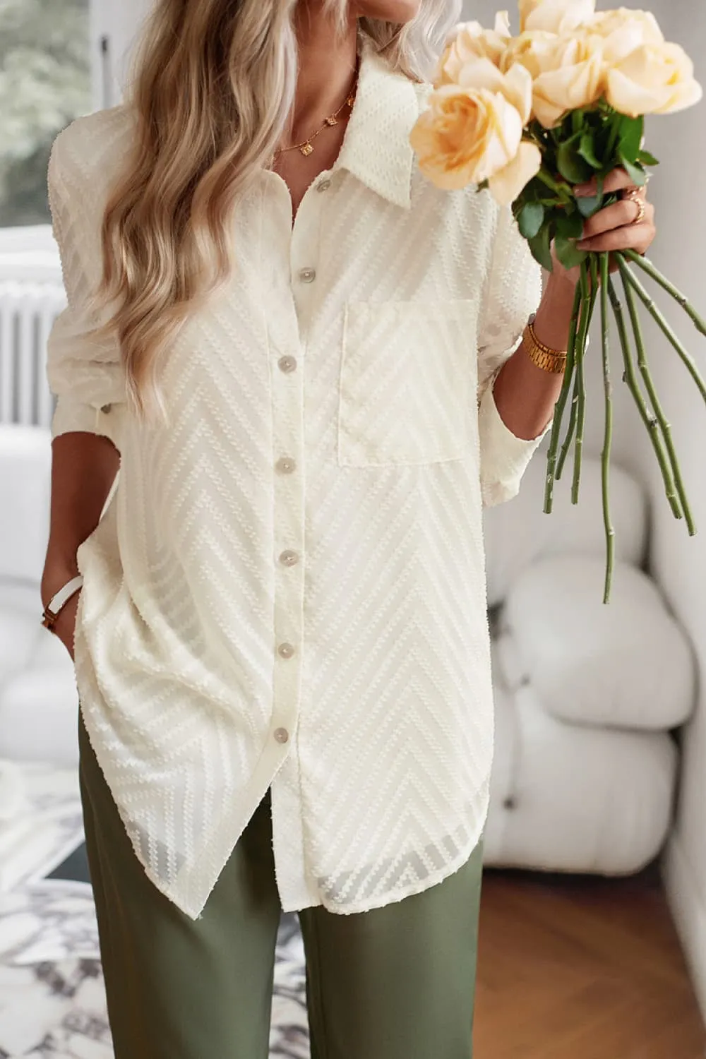 Collared Neck Long Sleeve Pocketed Shirt, image 3