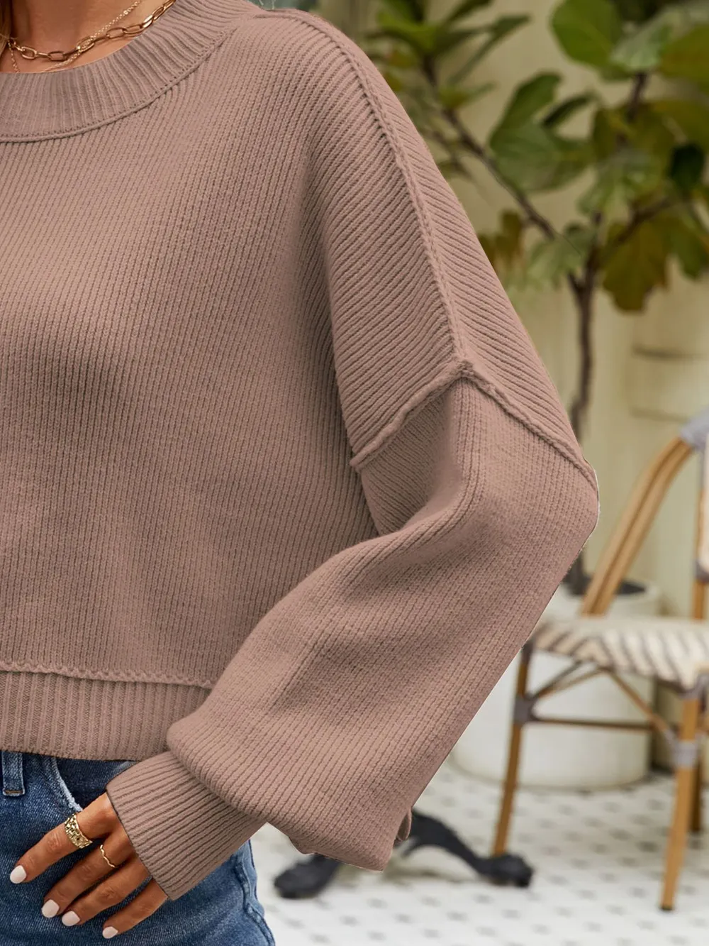 Round Neck Dropped Shoulder Sweater, image 2