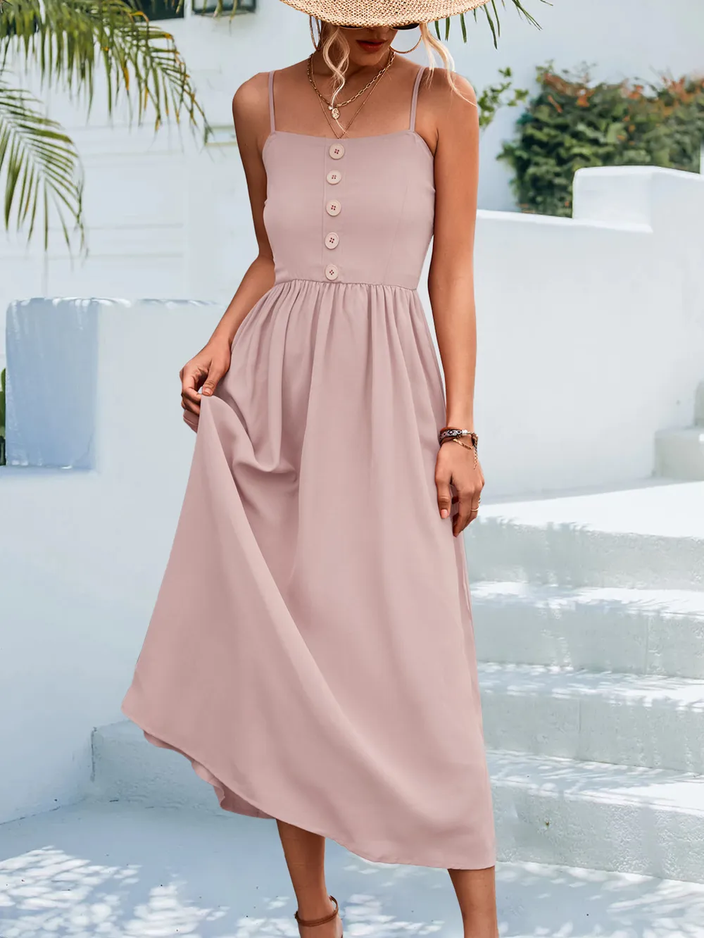 Decorative Button Spaghetti Strap Midi Dress, image 6