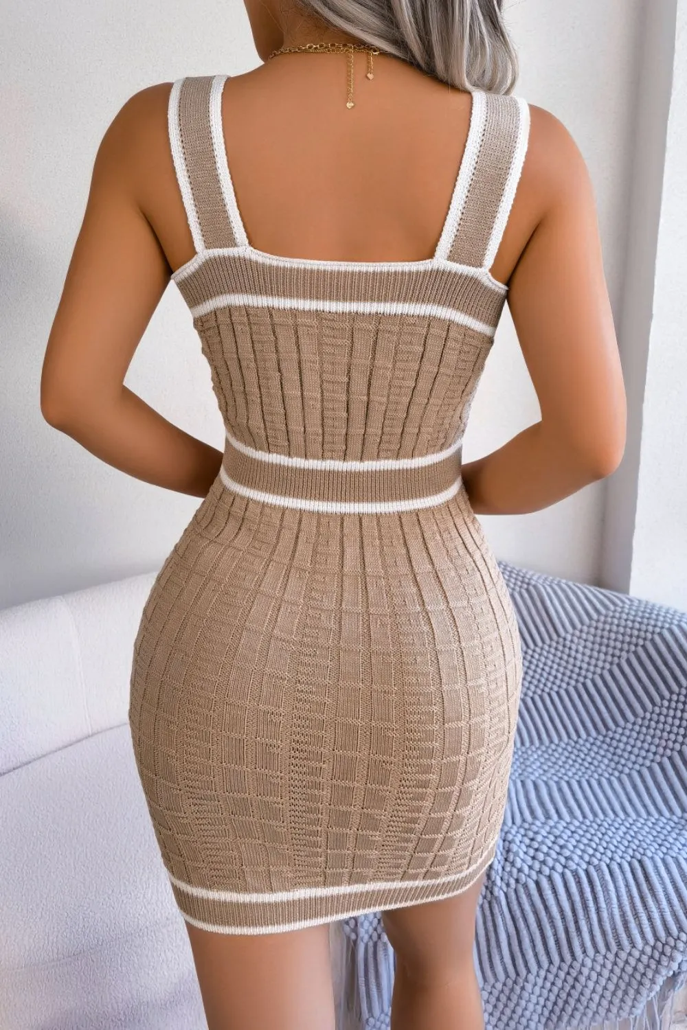 Contrast Trim Decorative Button Sleeveless Knit Dress, image 8