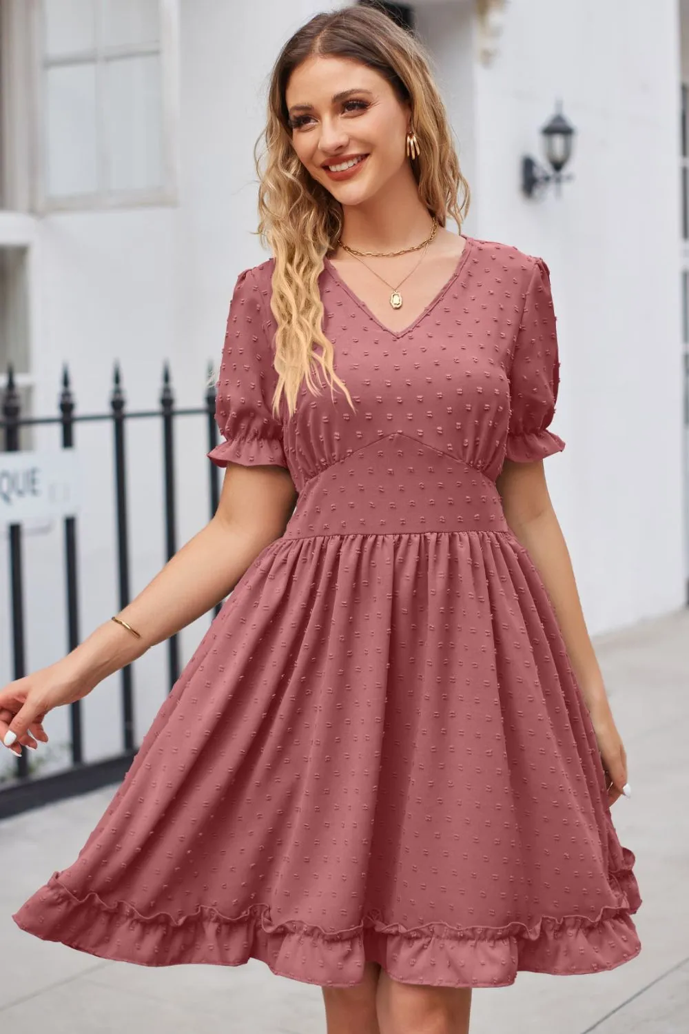 Swiss Dot Frill Trim Flounce Sleeve V-Neck Dress, image 4